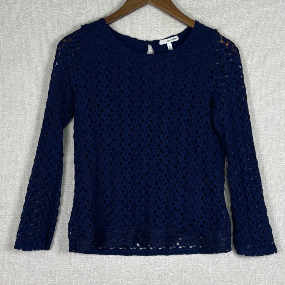 Self Esteem Girls XL Navy Blue Crochet Lace Long Sleeve Lined Blouse Top